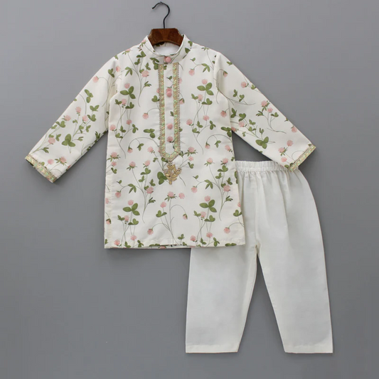 Floral Printed Kurta With Off White Pyjama