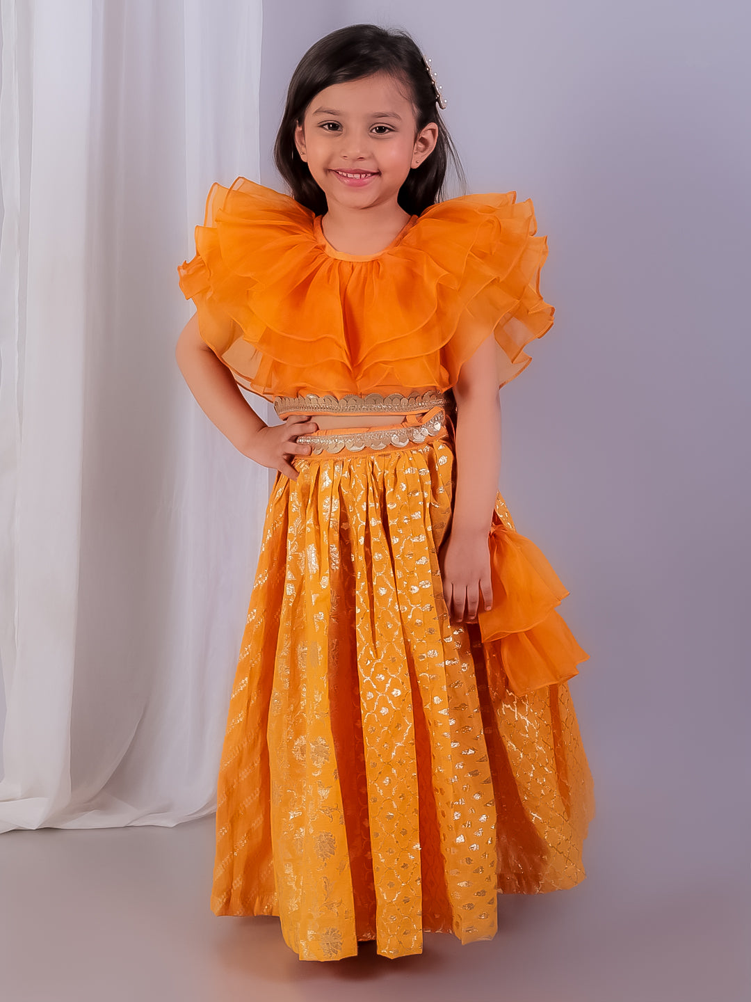 Orange organza frill chanderi lehnga set