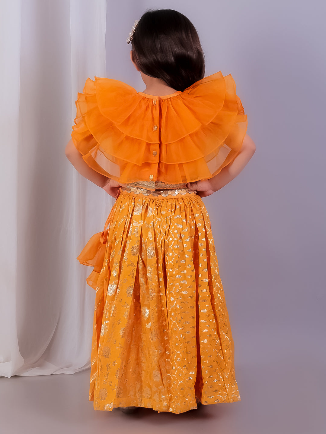 Orange organza frill chanderi lehnga set