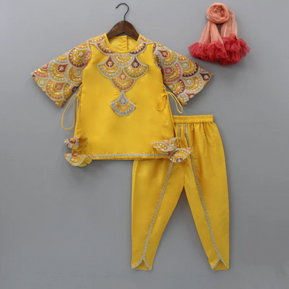 Embroidered Mustard Kurti And Tulip Dhoti With Net Dupatta