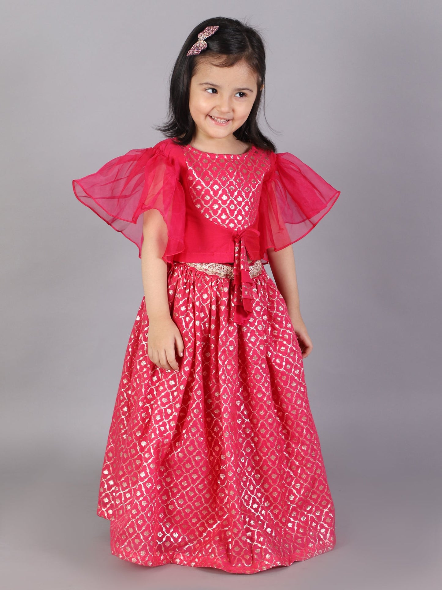 Fuschia Pink ruffled Blouse with Cotton Zari Lehnga (Sale)