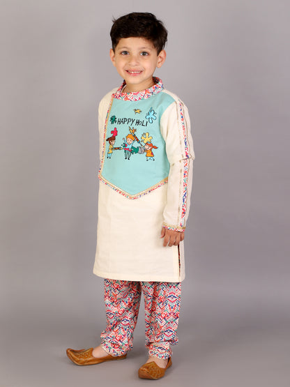 Kids Playing Holi Multi embroidery Kurta Pyjama set