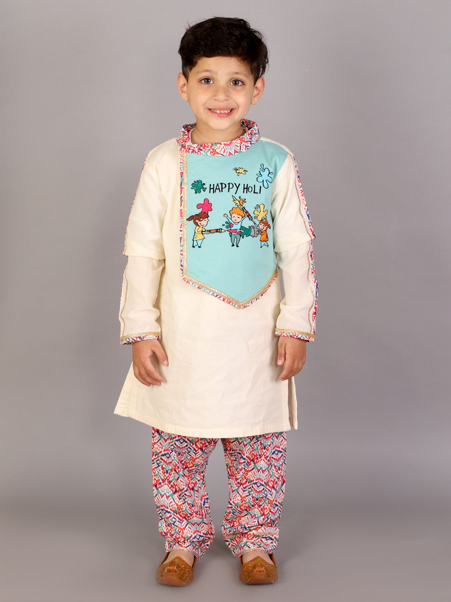 Kids Playing Holi Multi embroidery Kurta Pyjama set