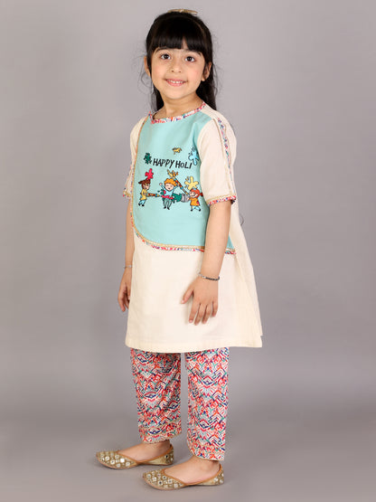 Kids Playing Holi Multi embroidery A-line Kurta Pyjama set