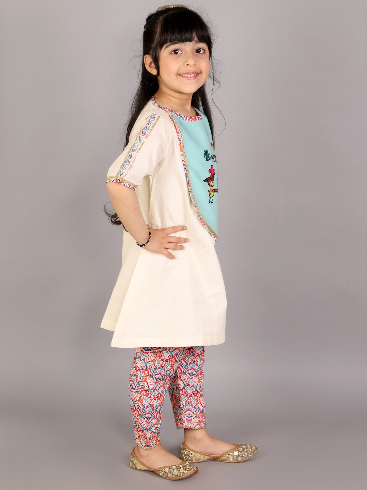 Kids Playing Holi Multi embroidery A-line Kurta Pyjama set