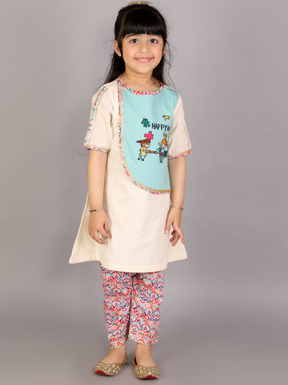 Kids Playing Holi Multi embroidery A-line Kurta Pyjama set