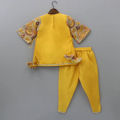 Embroidered Mustard Kurti And Tulip Dhoti With Net Dupatta