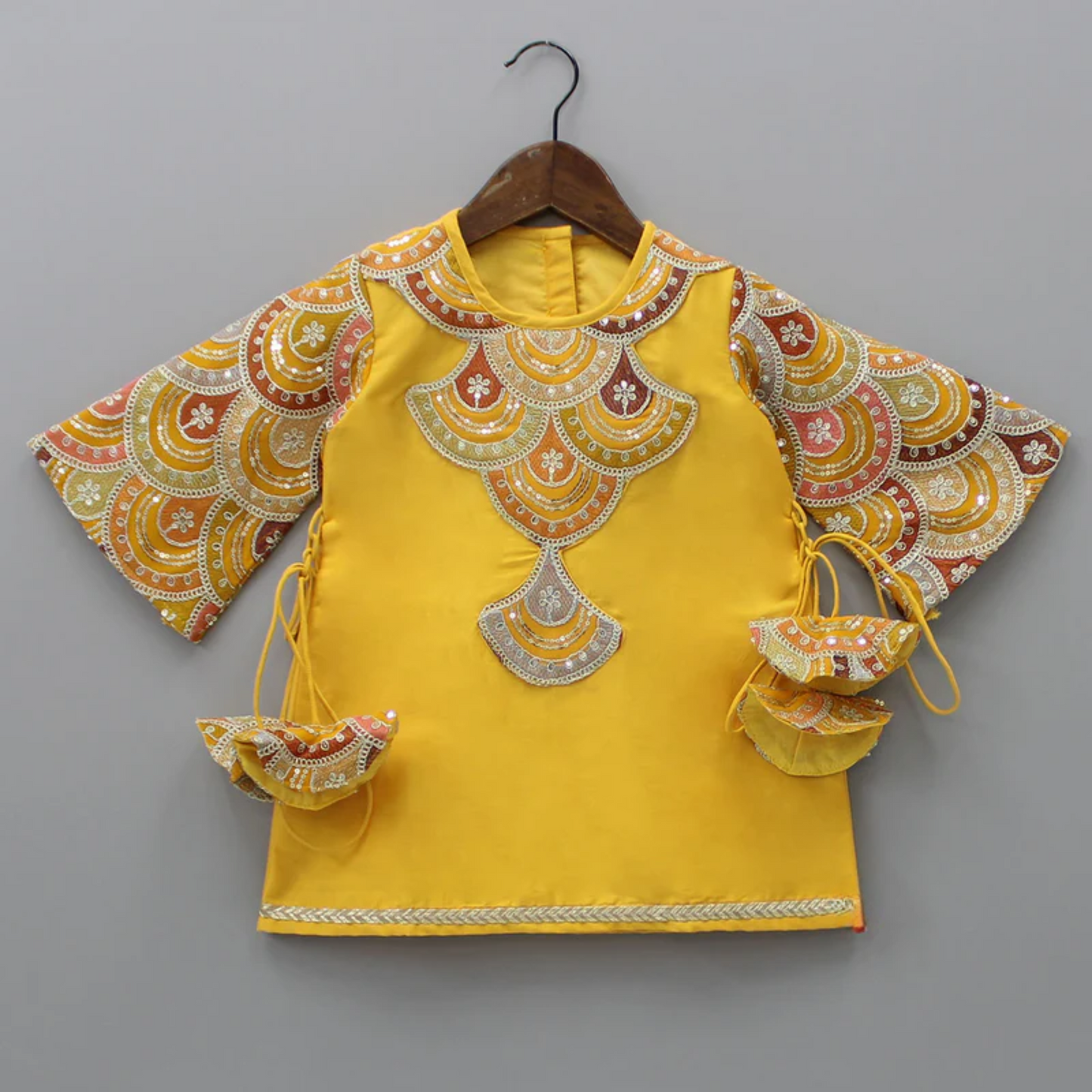 Embroidered Mustard Kurti And Tulip Dhoti With Net Dupatta