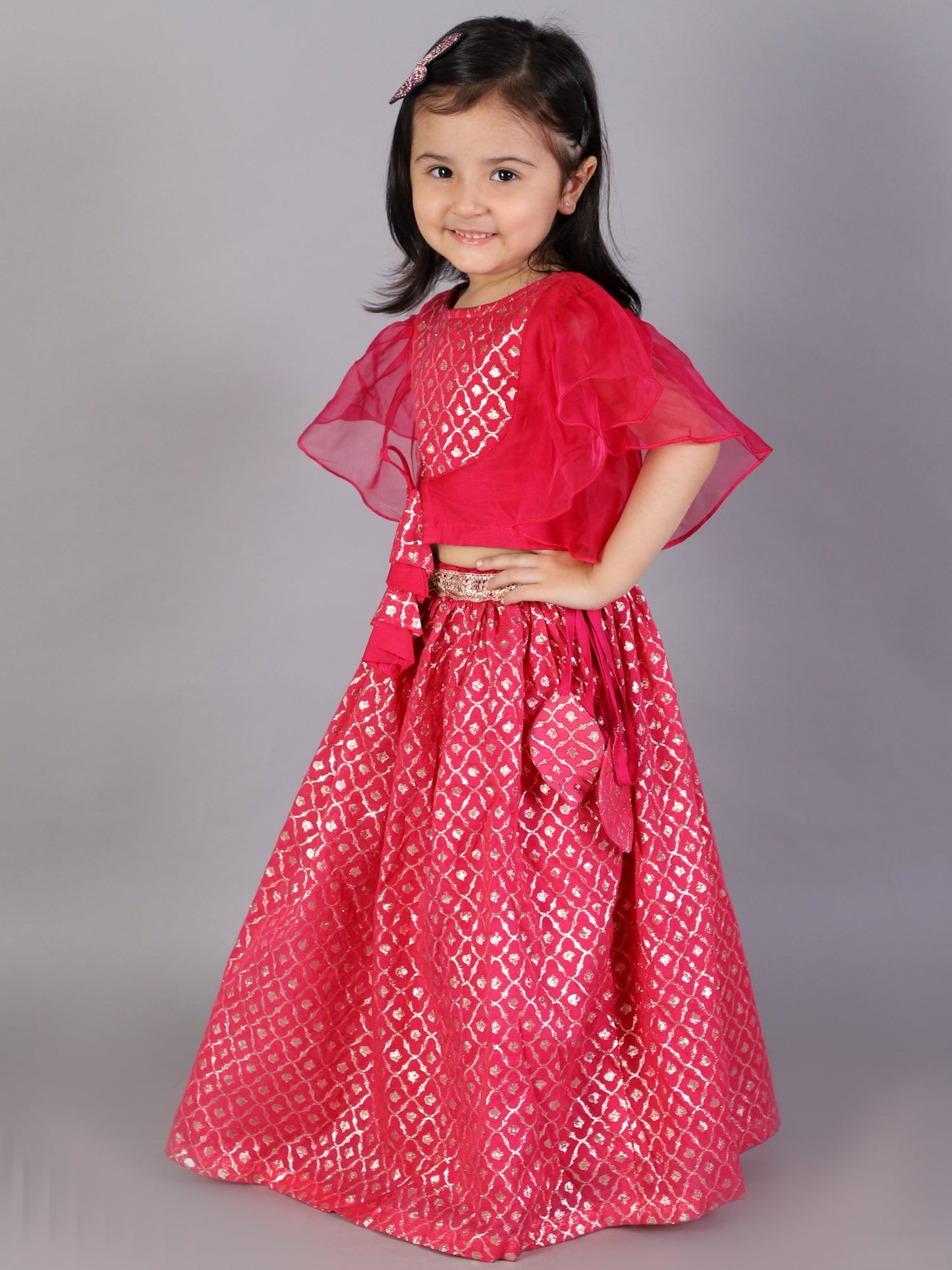 Fuschia Pink ruffled Blouse with Cotton Zari Lehnga (Sale)