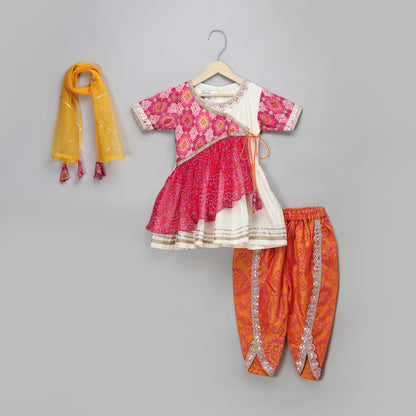 Pink orange Bandhej dhoti set