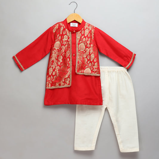 Red Kurta Pyjama with Attached Brocade jacket (Sale)