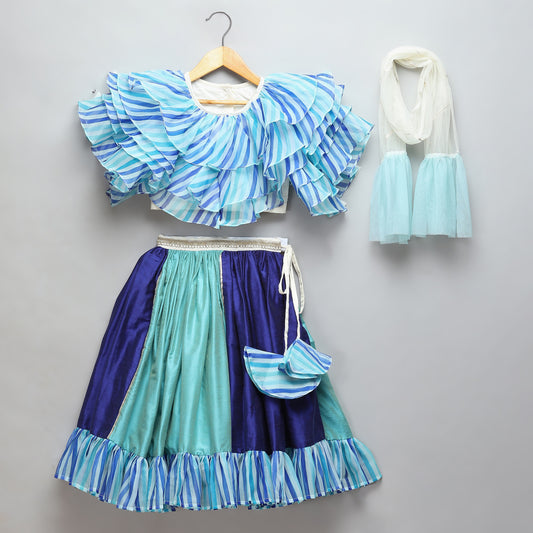 Blue Lehriya frill blouse and Lehnga set