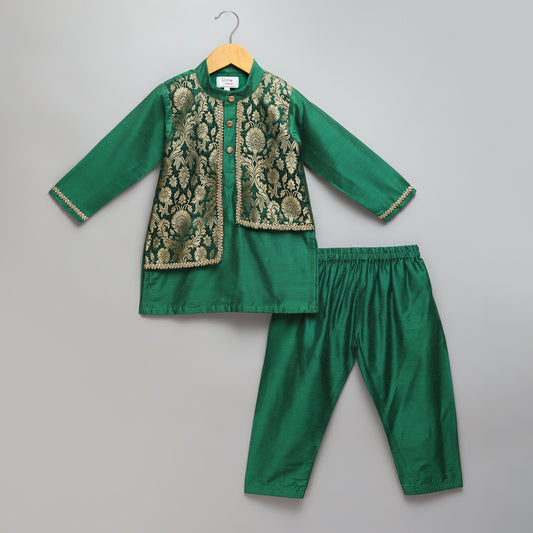 Green Kurta Pyjama with Attached Brocade jacket -1