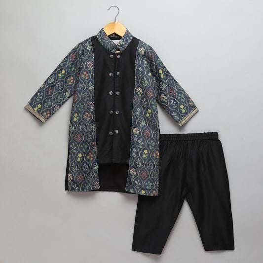 Black Kurta Pyjama with Attached printed jacket