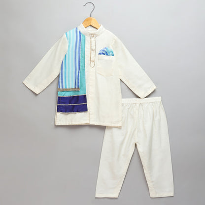 Offwhite kurta pjama with Attached jacket panels