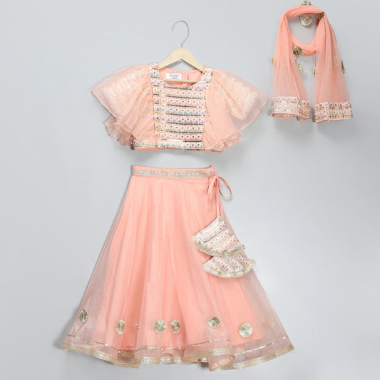 Peach organza and silk frilly blouse Lehnga set with duppata