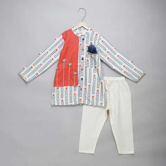 Off White tulip printed Kurta Pyjama set