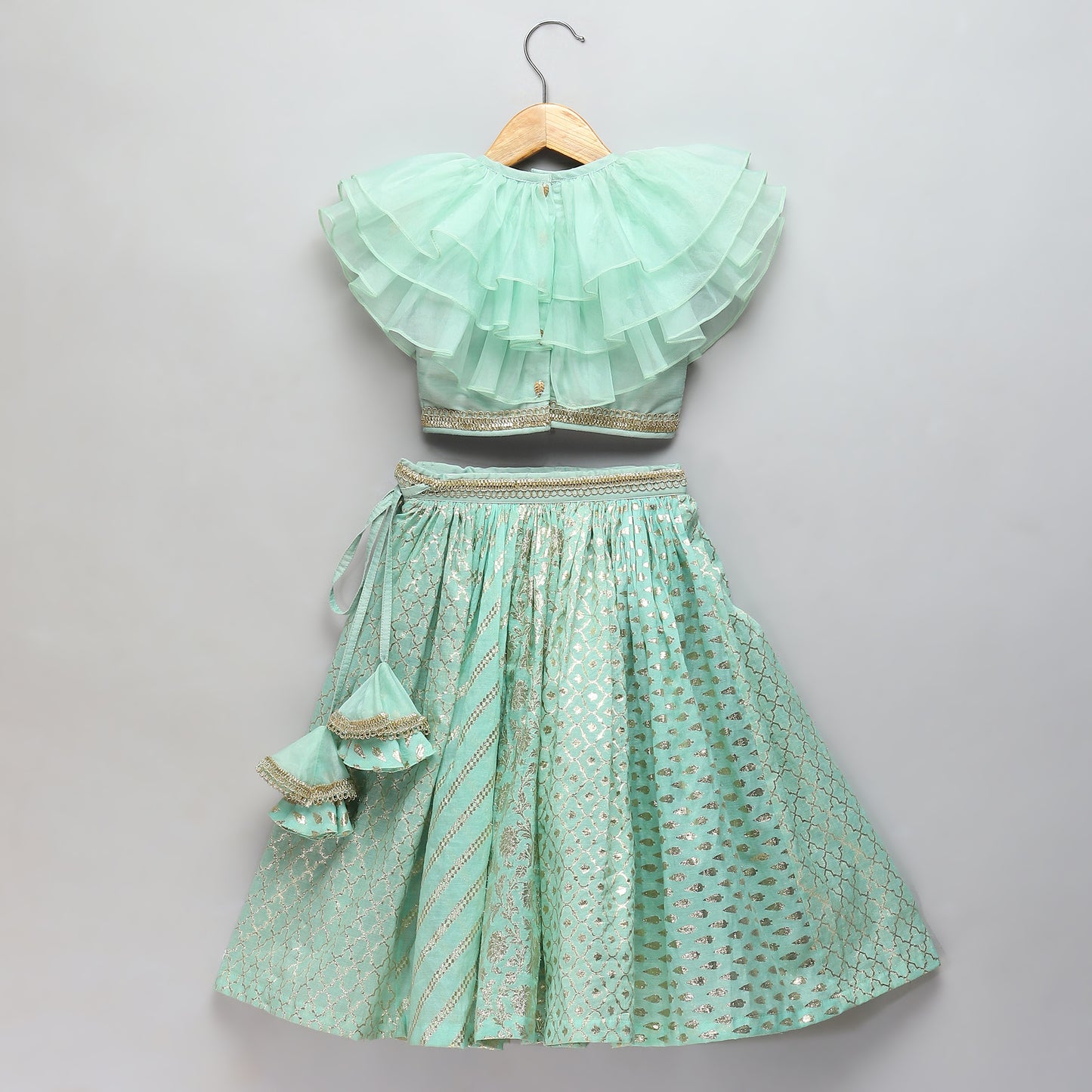 Pastel Green organza frill chanderi lehnga set