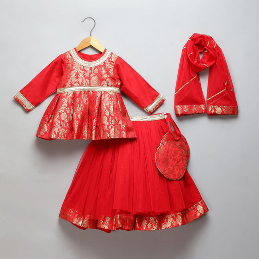 Red Brocade peplum lehnga set (Sale)