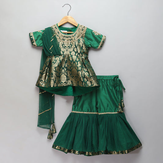 Green Brocade Sharara set with attached dupatta