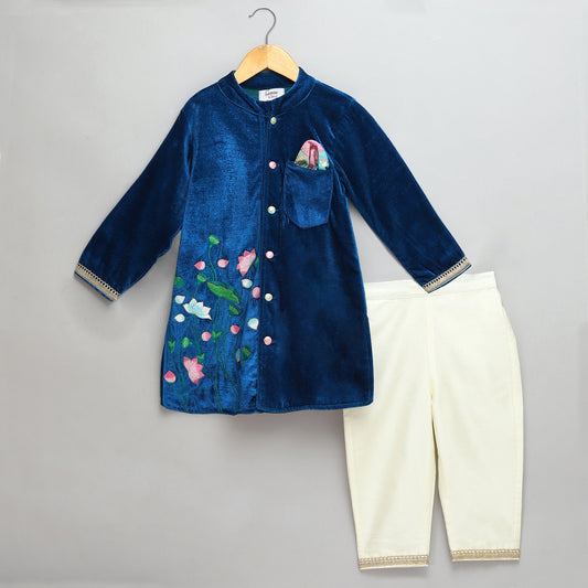 Blue Velvet bandhgala embroidery set with Offwhite trousers