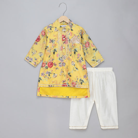 Yellow printed  kurta pyjama set with attached print panel