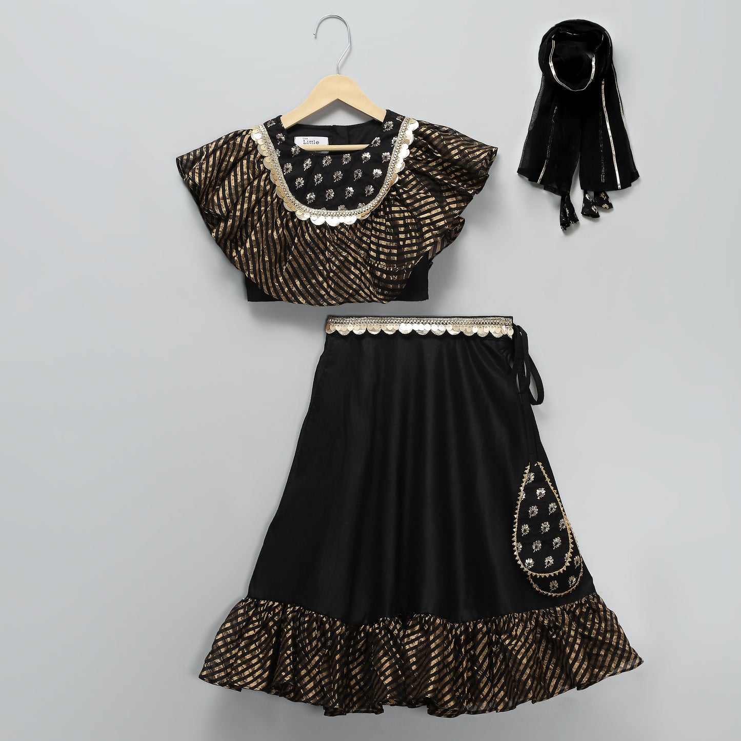 Black chanderi frill lehnga set