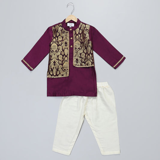 purple   kurta with brocade Attached Jacket and Pyjama -1