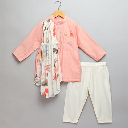 Assymetric pleat print Peach Kurta Pyjama