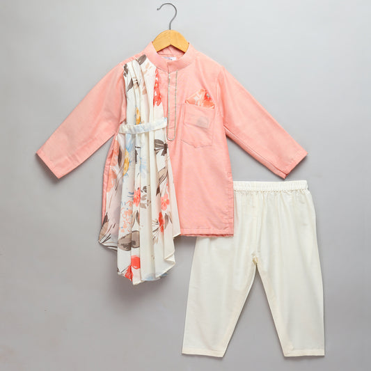 Assymetric pleat print Peach Kurta Pyjama