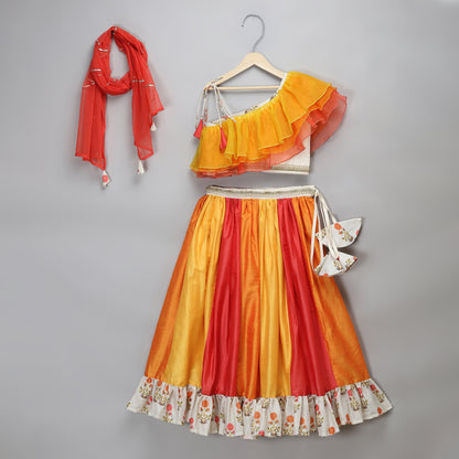 Orange Yellow frill organza lehnga set