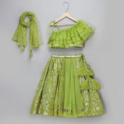 Green Off shoulder organza frill chanderi lehnga set