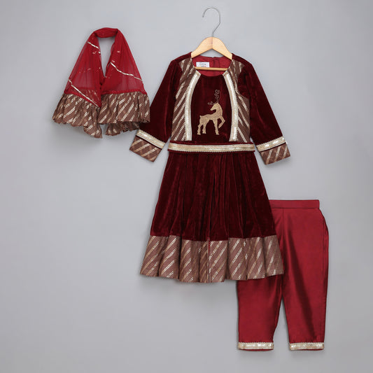 Maroon Velvet Embroidered Anarkali Pants with Net Dupatta