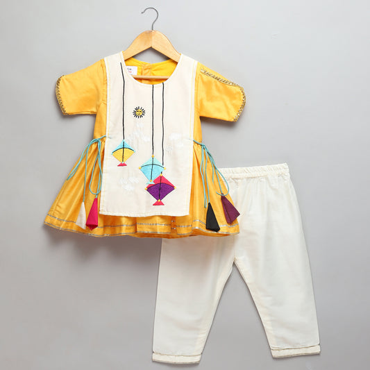 Kite embroidered Yellow white frock Pyjama set