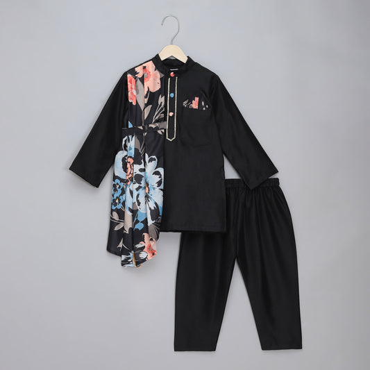 Assymetric pleat print Black Kurta Pyjama