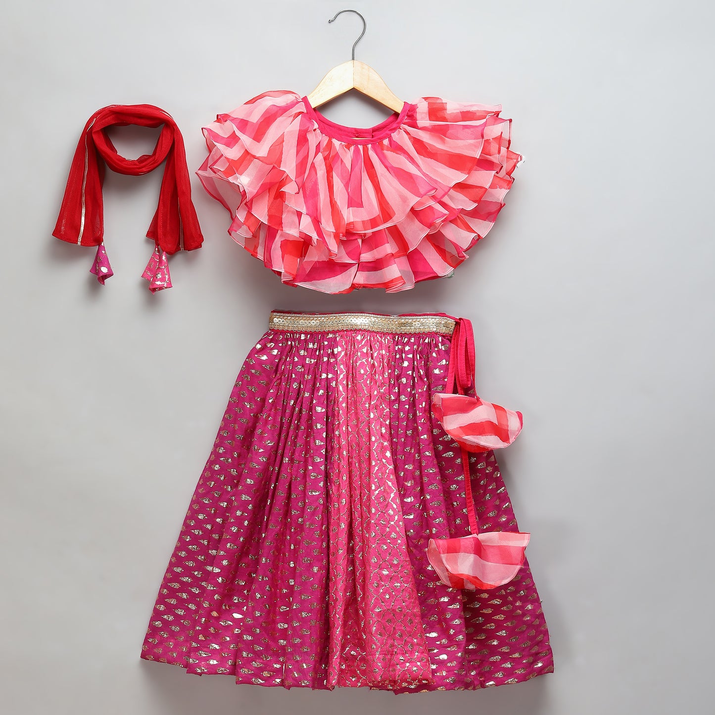 Pink Lehriya frill blouse and chanderi Lehnga set