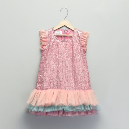 PINK SEQUINS WITH MULTI LAYERED RUFFLED DRESS