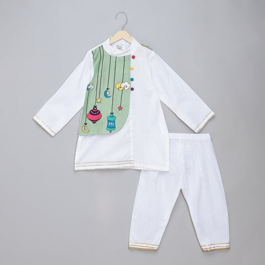 Eid embroidered White Green  Kurta Pyjama set