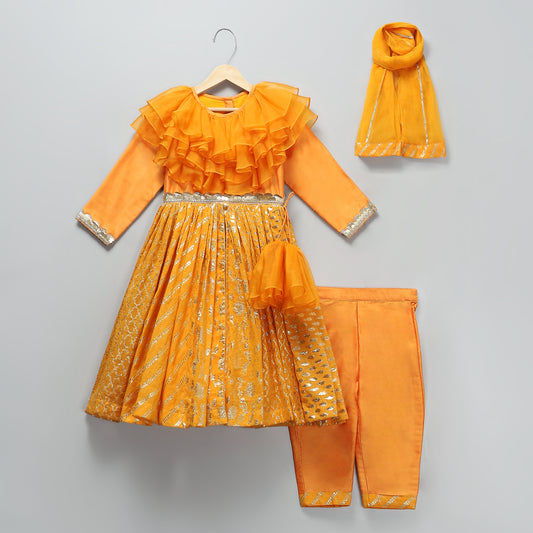 Orange frilly Chanderi Anarkali set with duppatta (Sale)