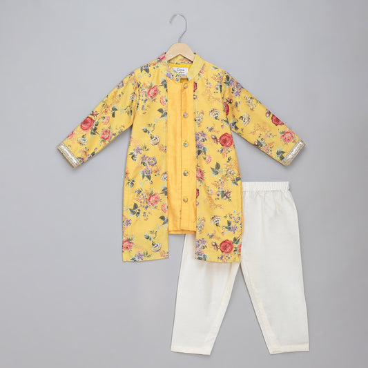 Yellow Kurta Pyjama with Attached printed jacket (Sale)