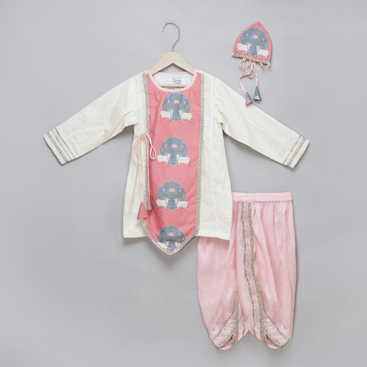 Cow printed Pink and off white Kurta payjama  set