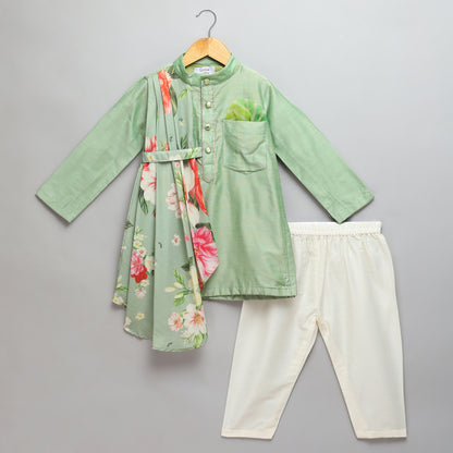 Assymetric pleat print mint green Kurta Pyjama