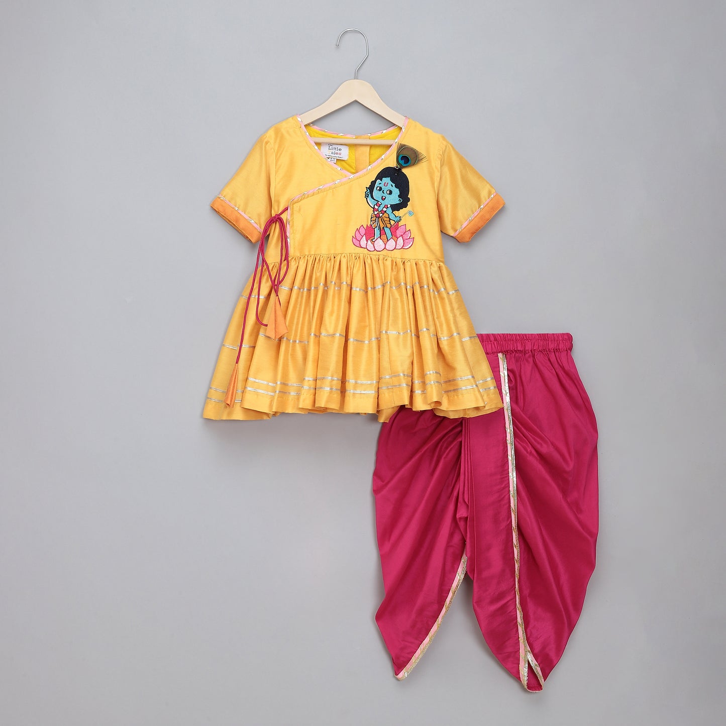 Yellow Krishna embroidered Kurta Dhoti