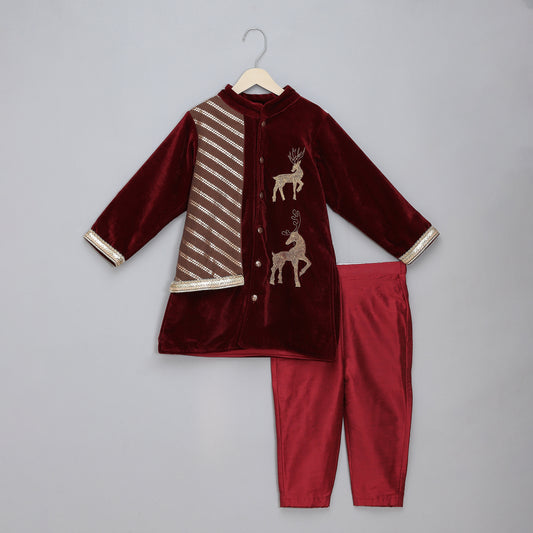 Maroon Velvet bandhgala embroidery set