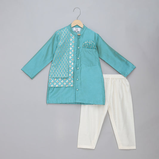 Blue Kurta Pyjama with Attached jacket