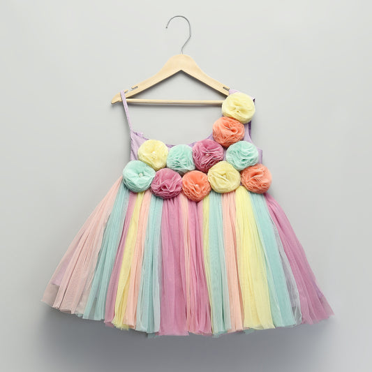 MULTI COLORED 3D FLOWER  NET DRESS