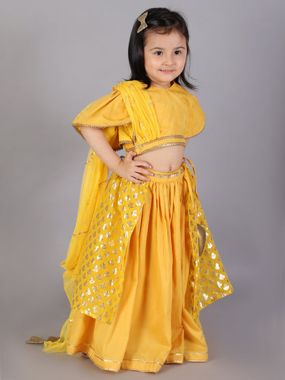 Mustard Blouse with attached net Dupatta and double layered lehnga