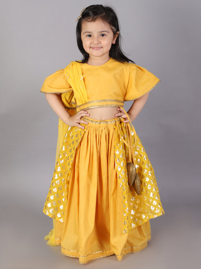 Mustard Blouse with attached net Dupatta and double layered lehnga