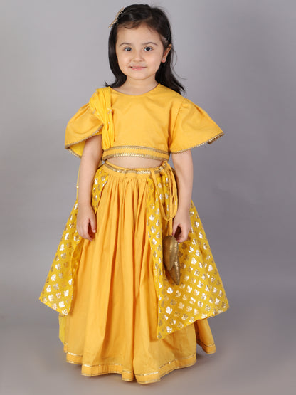 Mustard Blouse with attached net Dupatta and double layered lehnga