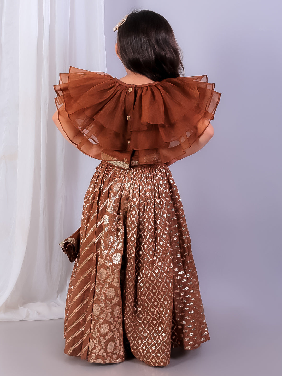 Brown  organza frill chanderi lehnga set